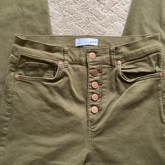 LOFT HIGH WAISTED SKINNY JEANS BUTTON FLY JEANS OLIVE GREEN SZ 4 COTTON - Picture 1 of 8